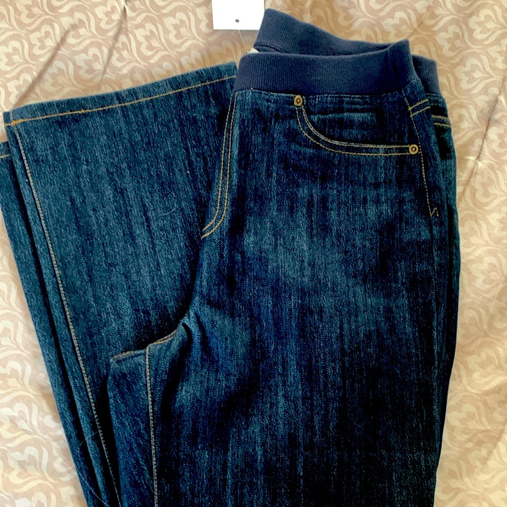 Boston Proper pull up elastic waisted denim 5 pocket flare blue jeans size 10